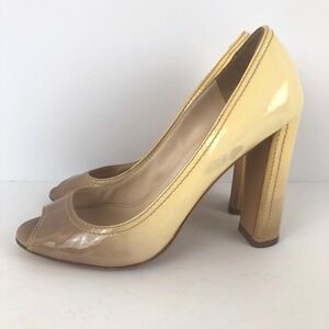PRADA Patent Leather Peep Toe Ombre Block Heel Pumps Sz EU 37 US 7 Yellow Tan